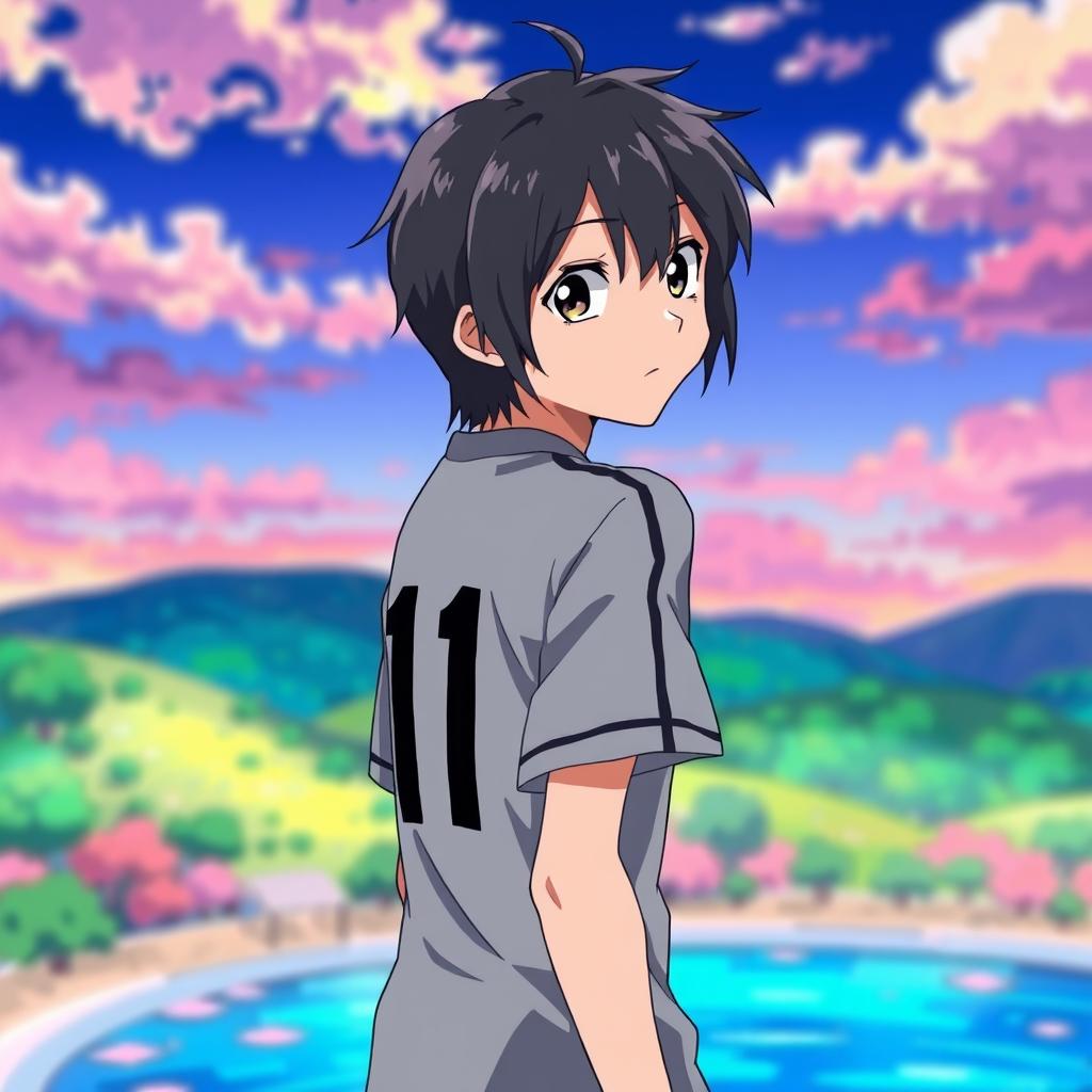 anime-style boy wearing a gray jersey with the number 11 on the back, standing and looking over his shoulder, with an expressive and curious gaze