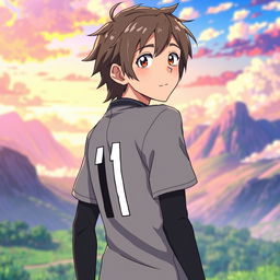 anime-style boy wearing a gray jersey with the number 11 on the back, standing and looking over his shoulder, with an expressive and curious gaze