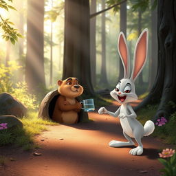 In the morning on a forest path, a brown marmot stands inside a hole, offering a cup of water to an angry white bunny