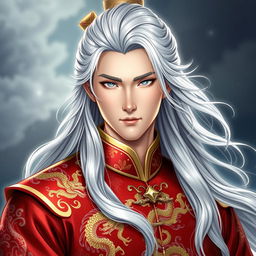 Feng Lun, a majestic hero with long silver hair flowing in soft waves down to his shoulders