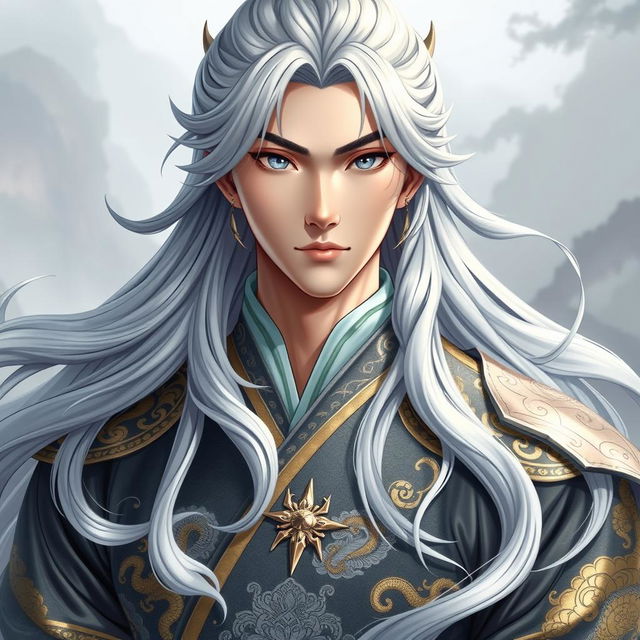 Feng Lun, a majestic hero with long silver hair flowing in soft waves down to his shoulders