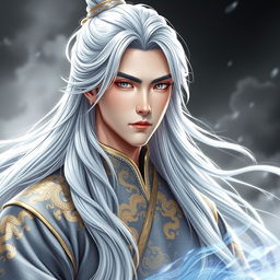 Feng Lun, a majestic hero with long silver hair flowing in soft waves down to his shoulders