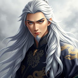 Feng Lun, a majestic hero with long silver hair flowing in soft waves down to his shoulders