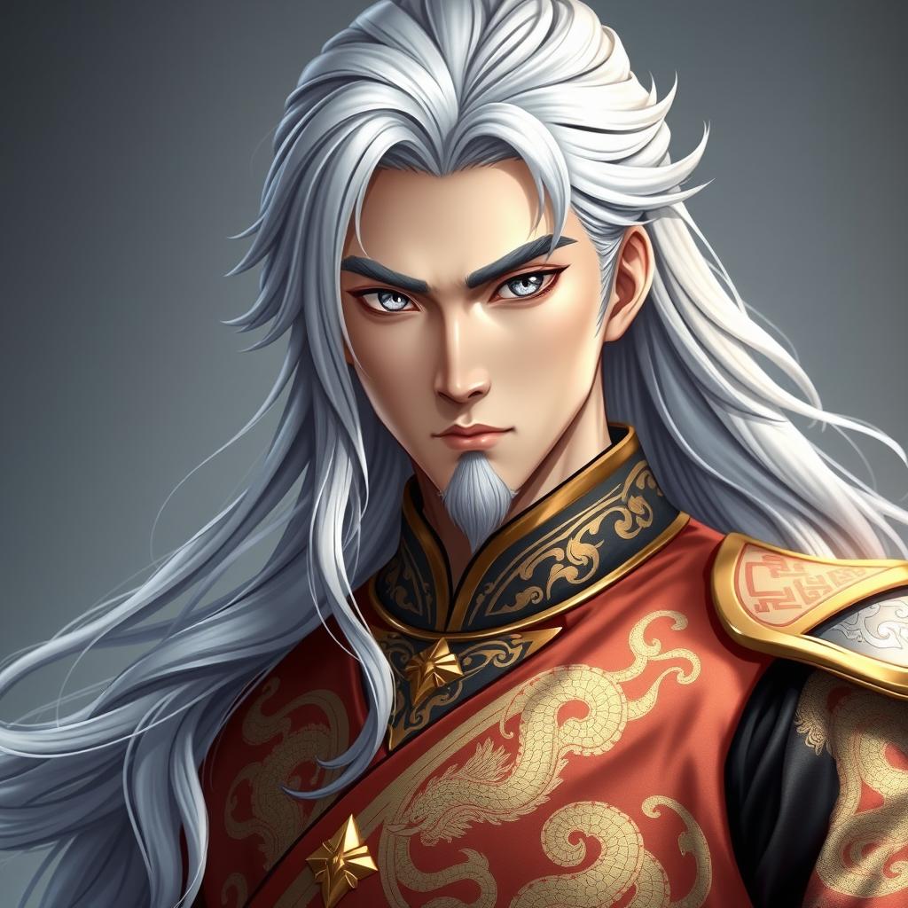 A majestic hero named Feng Lun, showcasing long silver hair cascading in soft waves to his shoulders, giving him a mysterious aura