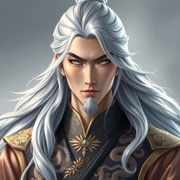 A majestic hero named Feng Lun, showcasing long silver hair cascading in soft waves to his shoulders, giving him a mysterious aura