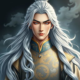 A majestic hero named Feng Lun, showcasing long silver hair cascading in soft waves to his shoulders, giving him a mysterious aura