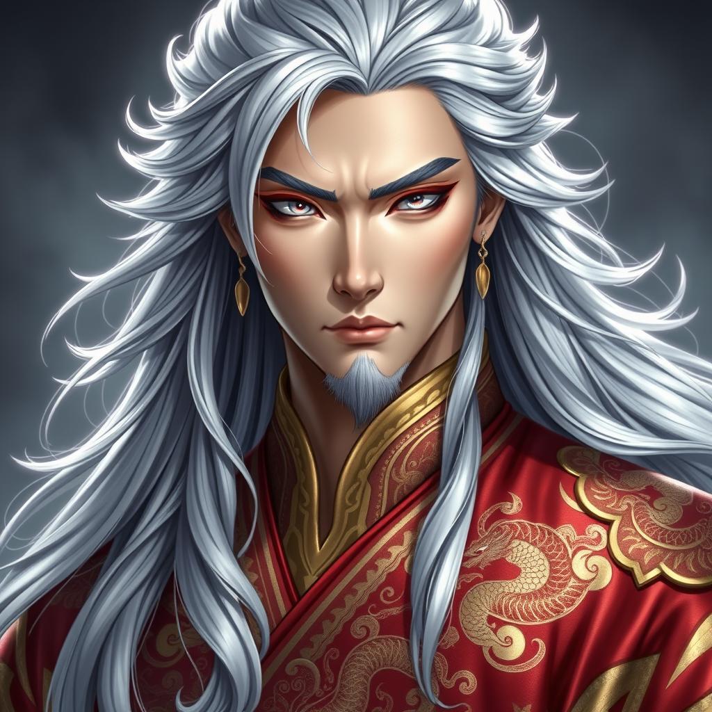 A majestic hero named Feng Lun, showcasing long silver hair cascading in soft waves to his shoulders, giving him a mysterious aura