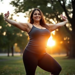 A confident plus-size woman wearing stylish yoga pants striking a graceful yoga pose