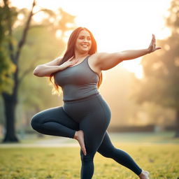 A confident plus-size woman wearing stylish yoga pants striking a graceful yoga pose