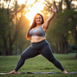 A confident plus-size woman wearing stylish yoga pants striking a graceful yoga pose