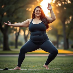 A confident plus-size woman wearing stylish yoga pants striking a graceful yoga pose