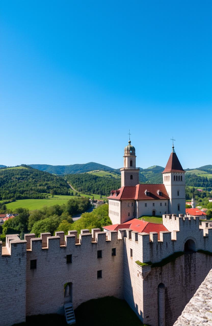 A picturesque view of a historic castle located in Ljubljana, Slovenia, with sweeping green hills in the background