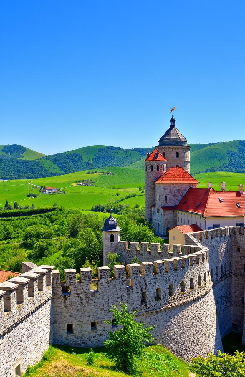 A picturesque view of a historic castle located in Ljubljana, Slovenia, with sweeping green hills in the background