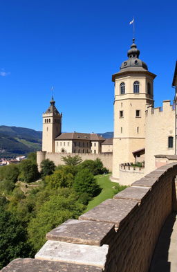 A picturesque view of a historic castle located in Ljubljana, Slovenia, with sweeping green hills in the background