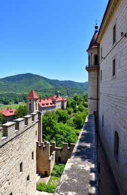 A picturesque view of a historic castle located in Ljubljana, Slovenia, with sweeping green hills in the background