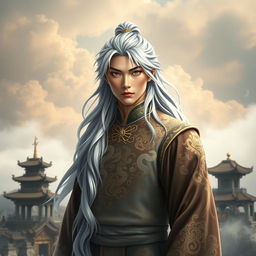 A majestic hero named Feng Lun, with long silver hair falling in soft waves to his shoulders, giving him a mysterious appearance