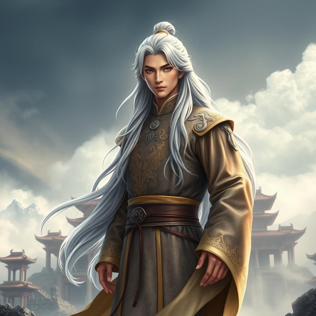 A majestic hero named Feng Lun, with long silver hair falling in soft waves to his shoulders, giving him a mysterious appearance