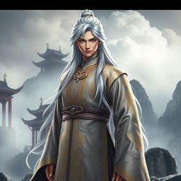 A majestic hero named Feng Lun, with long silver hair falling in soft waves to his shoulders, giving him a mysterious appearance