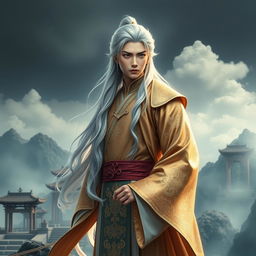 A majestic hero named Feng Lun, with long silver hair falling in soft waves to his shoulders, giving him a mysterious appearance