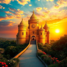 A majestic sun castle towering over a lush landscape, constructed from shimmering gold and amber-colored bricks that glisten under a radiant sun