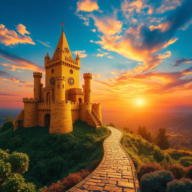 A majestic sun castle towering over a lush landscape, constructed from shimmering gold and amber-colored bricks that glisten under a radiant sun