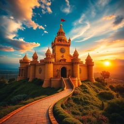 A majestic sun castle towering over a lush landscape, constructed from shimmering gold and amber-colored bricks that glisten under a radiant sun