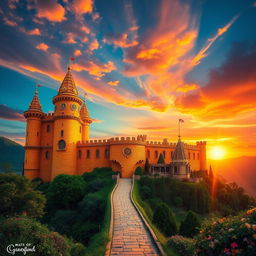 A majestic sun castle towering over a lush landscape, constructed from shimmering gold and amber-colored bricks that glisten under a radiant sun