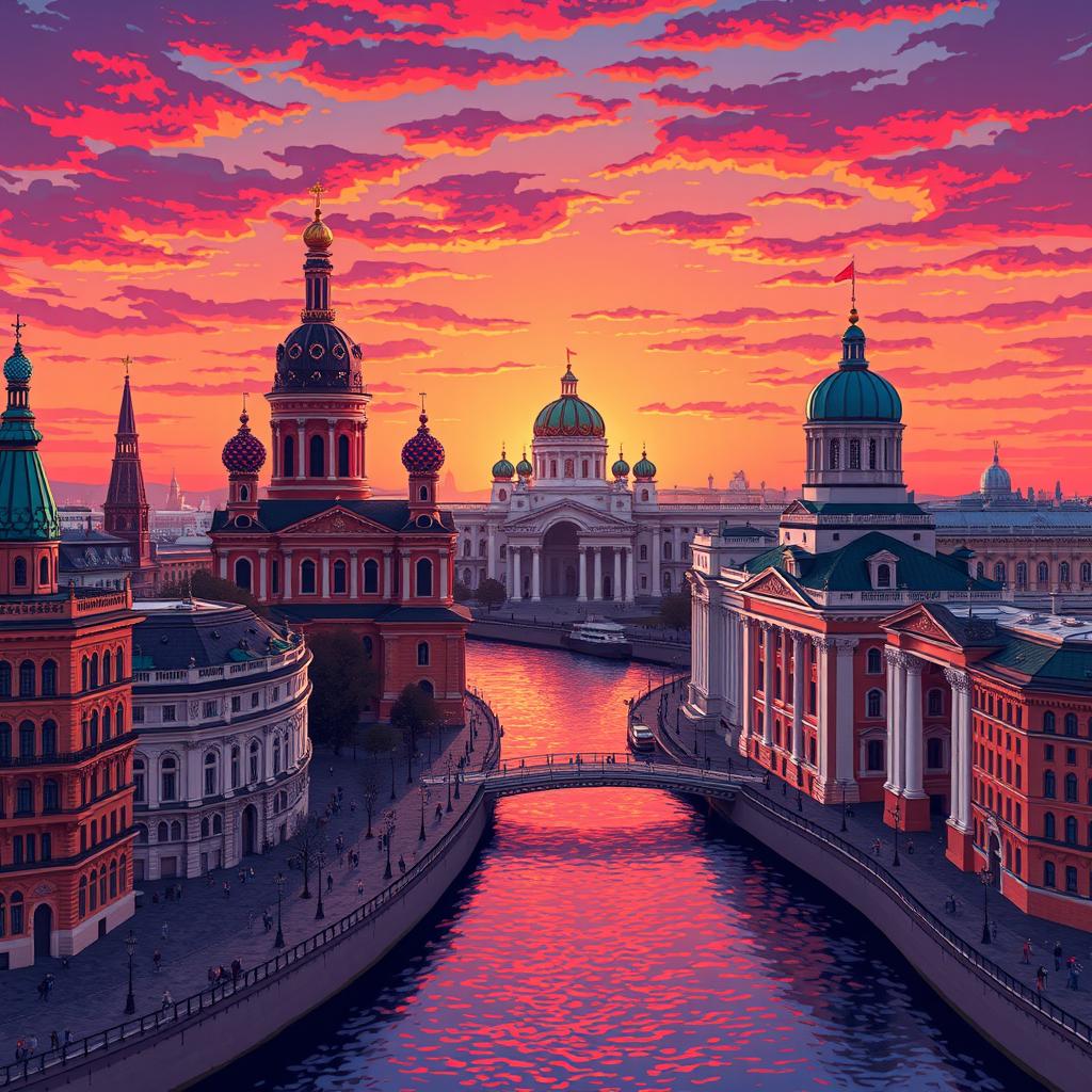 pixel art depiction of Saint Petersburg, Russia, featuring iconic landmarks like the Church of the Savior on Spilled Blood, the Winter Palace, and the Hermitage Museum