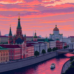 pixel art depiction of Saint Petersburg, Russia, featuring iconic landmarks like the Church of the Savior on Spilled Blood, the Winter Palace, and the Hermitage Museum