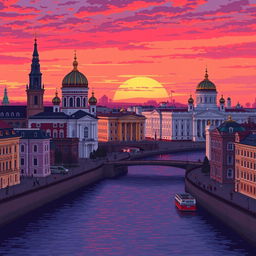 pixel art depiction of Saint Petersburg, Russia, featuring iconic landmarks like the Church of the Savior on Spilled Blood, the Winter Palace, and the Hermitage Museum