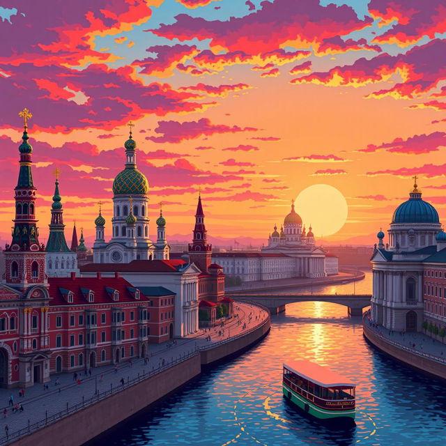 pixel art depiction of Saint Petersburg, Russia, featuring iconic landmarks like the Church of the Savior on Spilled Blood, the Winter Palace, and the Hermitage Museum