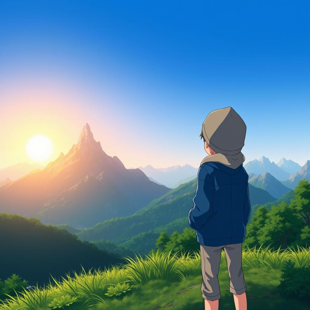 Anime boy standing on a hilltop, facing away, looking at a majestic mountain range in the distance