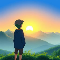 Anime boy standing on a hilltop, facing away, looking at a majestic mountain range in the distance