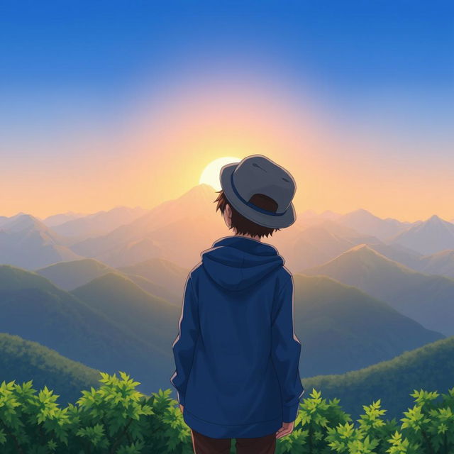 Anime boy standing on a hilltop, facing away, looking at a majestic mountain range in the distance