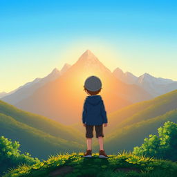 Anime boy standing on a hilltop, facing away, looking at a majestic mountain range in the distance