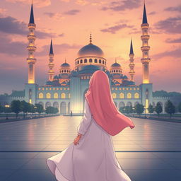 Anime girl standing with her back turned, looking towards a grand mosque in the distance