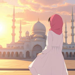 Anime girl standing with her back turned, looking towards a grand mosque in the distance