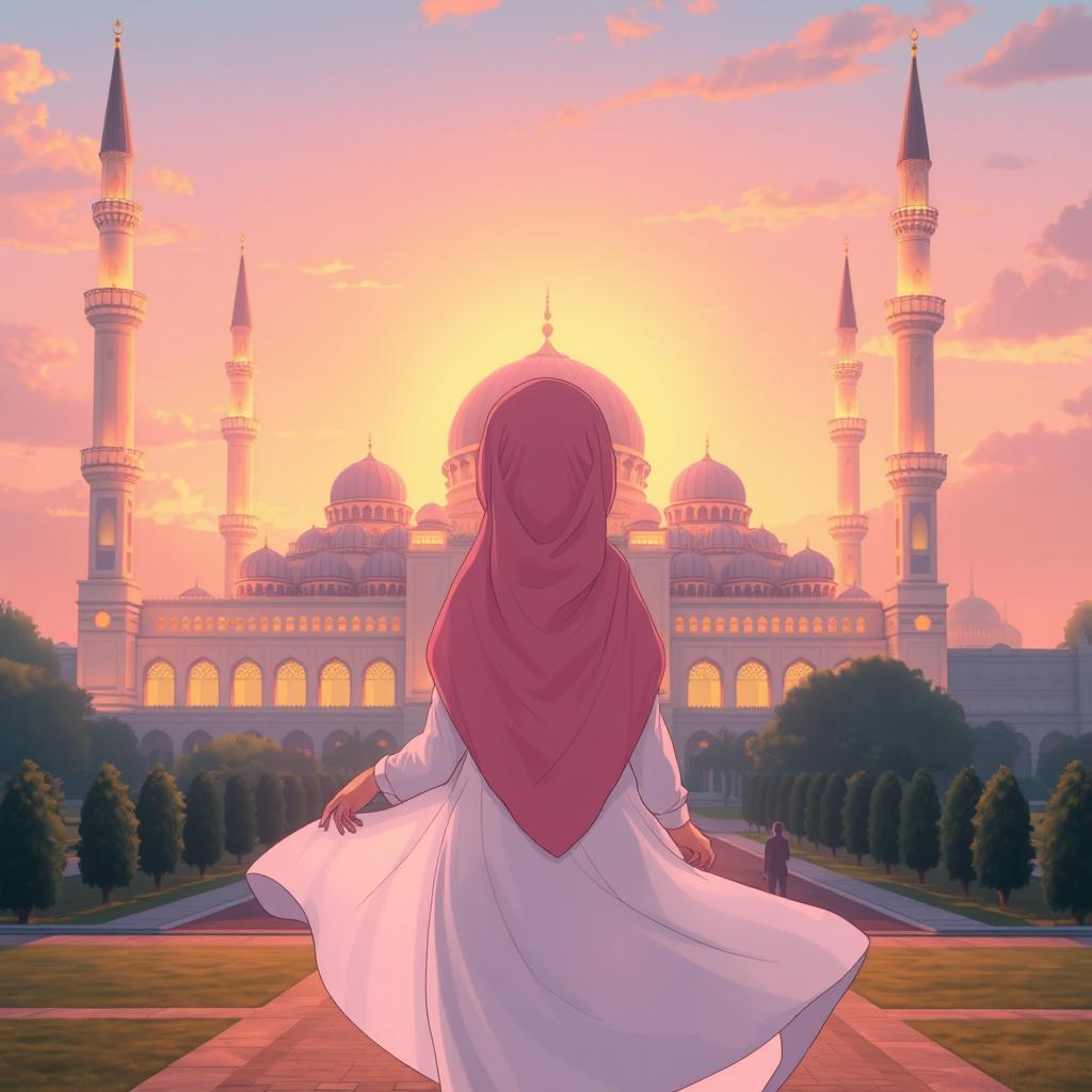 Anime girl standing with her back turned, looking towards a grand mosque in the distance