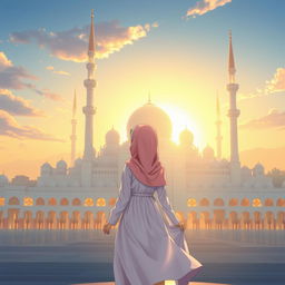 Anime girl standing with her back turned, looking towards a grand mosque in the distance