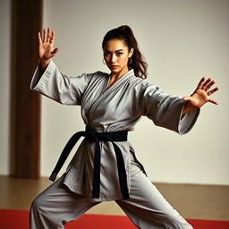 a confident adult woman practicing advanced martial arts, showcasing powerful and elegant poses, with a focus on movement and form