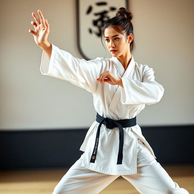 a confident adult woman practicing advanced martial arts, showcasing powerful and elegant poses, with a focus on movement and form