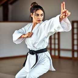 a confident adult woman practicing advanced martial arts, showcasing powerful and elegant poses, with a focus on movement and form