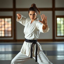 a confident adult woman practicing advanced martial arts, showcasing powerful and elegant poses, with a focus on movement and form