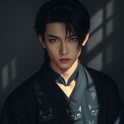 A young man with sharp facial features and a penetrating gaze, his coal-black hair cascading down his shoulders