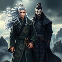 Feng Lun and Gong stand majestically atop an ancient mountain, enveloped in an aura of mysticism and power