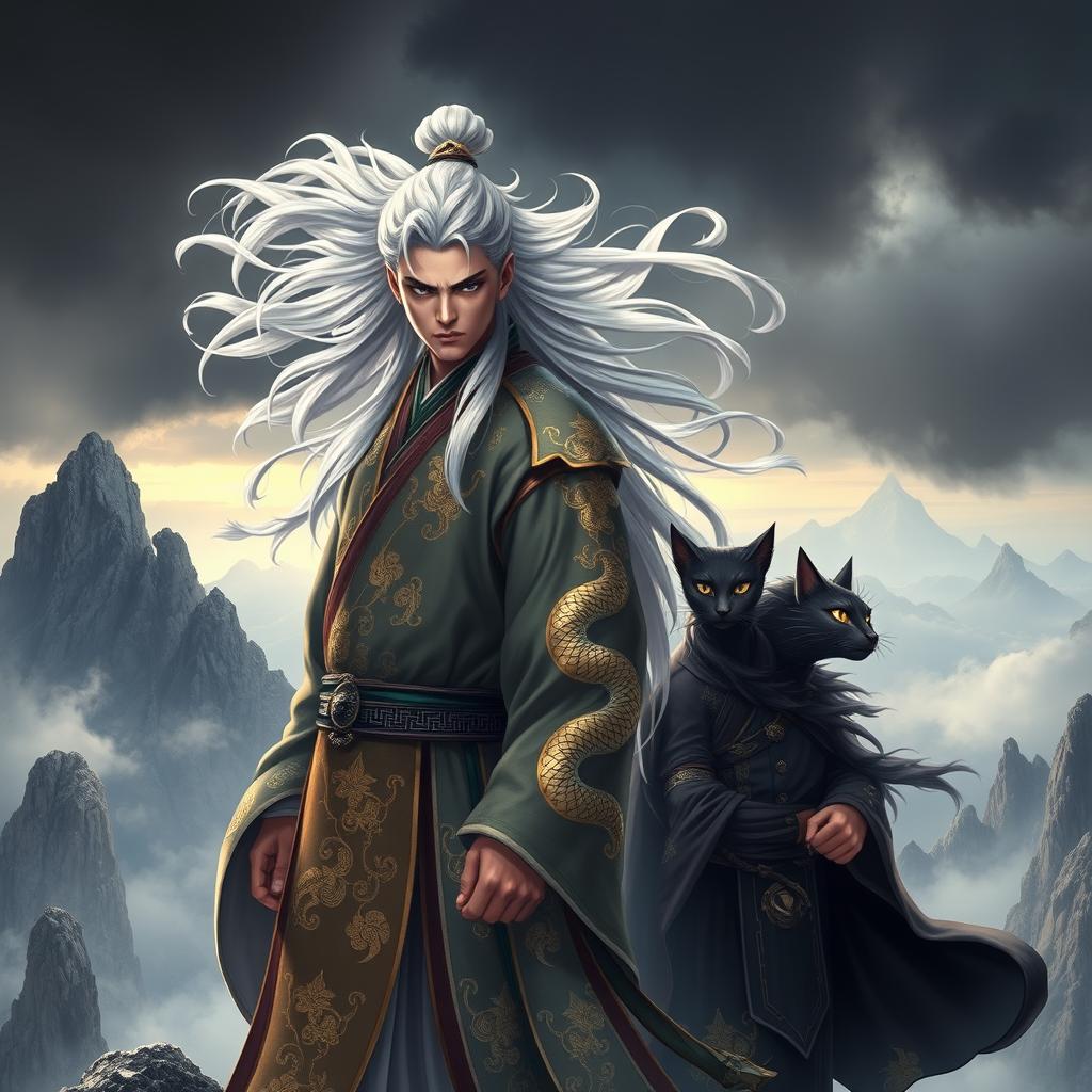 Feng Lun and Gong stand majestically atop an ancient mountain, enveloped in an aura of mysticism and power