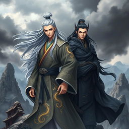 Feng Lun and Gong stand majestically atop an ancient mountain, enveloped in an aura of mysticism and power