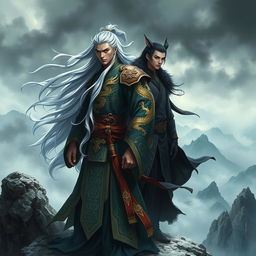 Feng Lun and Gong on top of an ancient mountain, immersed in an aura of mysticism and power