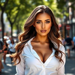 A beautiful woman with large breasts, wearing a white shirt that is unbuttoned, standing confidently in a lively urban setting