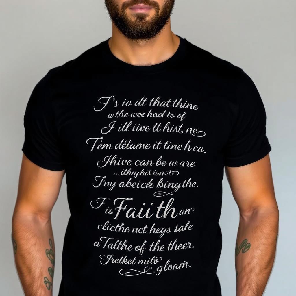 A model wearing a stylish black shirt, featuring elegant and inspirational quotes of faith in artistic typography